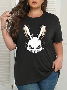 Camiseta de algodón puro, camiseta negra de talla grande para mujer - Bonito estampado de conejito, cuello redondo, manga corta - Camiseta suave para uso diario - Ropa de mujer lavable a máquina para todas las estaciones. - Negro - Ver 3