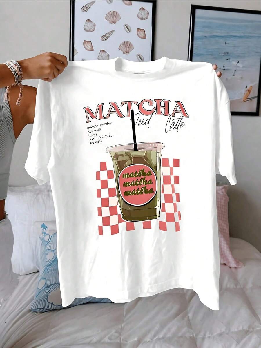 Camiseta de mujer de algodón puro con estampado artístico moderno inspirado en bebida de matcha, estilo casual, manga corta y diseño gráfico colorido ideal para verano - Blanco - Ver 1