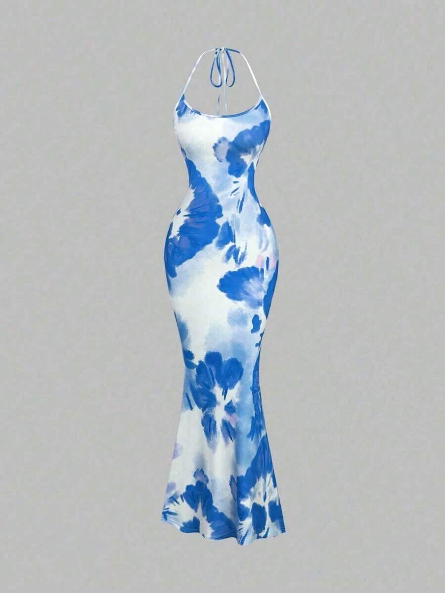 Vestido largo de fiesta formal con cuello halter y bajo de sirena en color sólido de - Azul - Ver 1