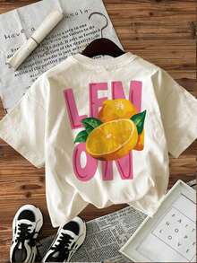 Top casual de verano con estampado de dibujos animados para mujer, con diseño de limones y hojas. Camiseta de manga corta con cuello redondo y estampado de limones. - Estilo vintage urbano, unisex, holgada, de algodón, con cuello redondo. Blusas para mujer. blusas.blusas casuales para dama. - Albaricoque - Ver 6