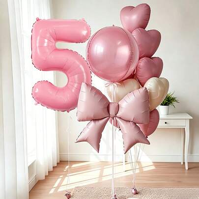 8pcs Pink Bow Balloon Set, Includes Pink Bow Foil Balloons, White & Pink Hearts, 22" 4D Balloons And Number Balloons, Suitable For Birthday Party, Wedding, Bridal Shower, Engagement, Baby Shower, Princess Birthday, Bow Theme, Anniversary, Photo Booth Backdrop, Home Party Decor