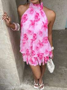 Vestido mini elegante de mujer con cuello halter y lazo en color amarillo claro - Rosa - Ver 3