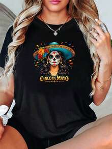 Women's Short Sleeve Crew Neck T-Shirt, Retro Holiday Style, New 2026 Collection, For Casual Shopping, Holiday Gifts, Meetings With Friends, Music Parties And Holiday Outfits. - 黑色 - 查看 6