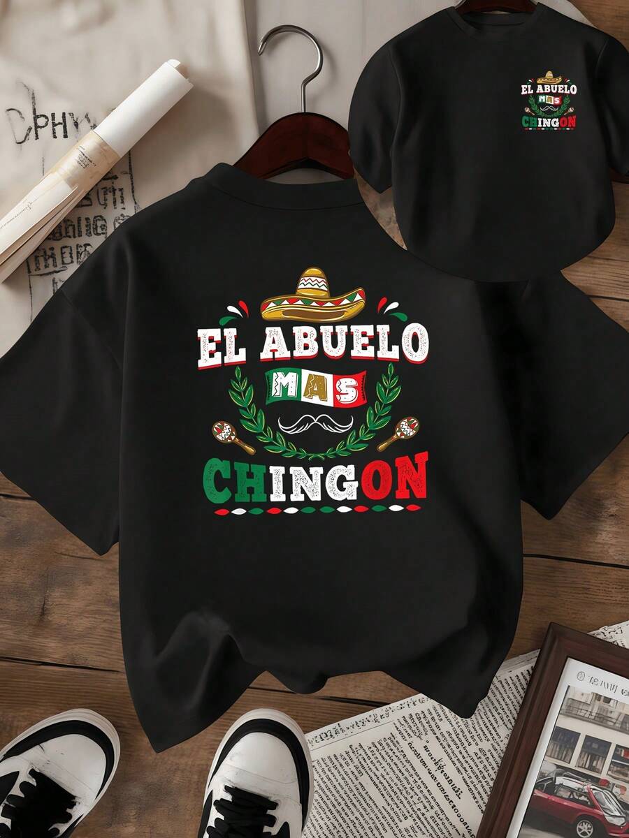 Mexican Hat With Mustache And Text Celebrating Grandpa With Pride And Energy, Showcasing Tradition And Joy In Vibrant Colors. Women's T-Shirt With Double Print, Ideal For Casual Wear And Family Gifts. - 黑色 - 查看 1
