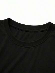 Camiseta de manga corta con estampado de letras elegante, 100% algodón, cuello redondo, atuendo casual, ropa fresca de verano. - Negro - Ver 3