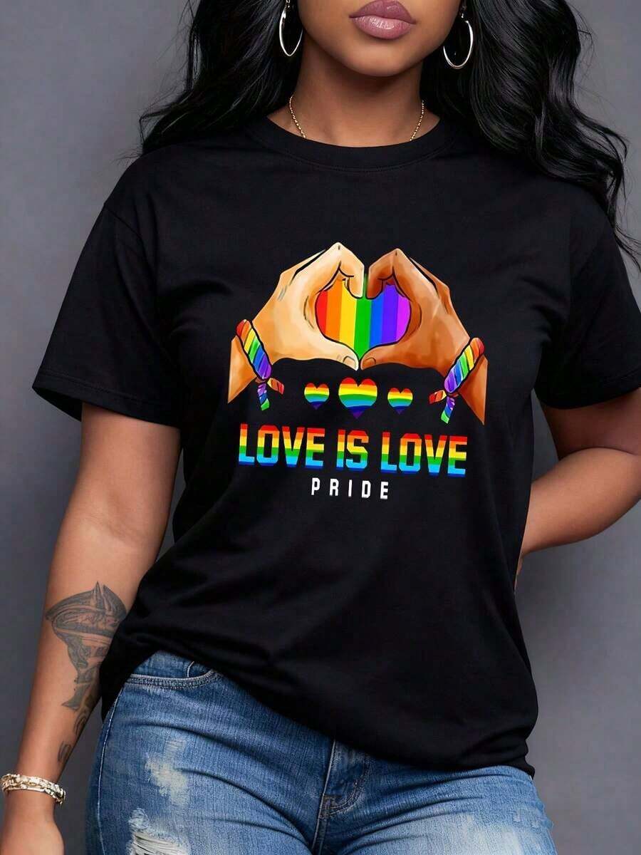 Camiseta de mujer con estampado gráfico de Love is Love y corazonesíris, para celebrar el Orgullo Gay con estilo y comodidad, diseño moderno y alegre en tejido suave y transpirable. Camiseta unisex de algodón holgada de manga corta y cuello redondo estilo vintage urbano - Negro - Ver 1