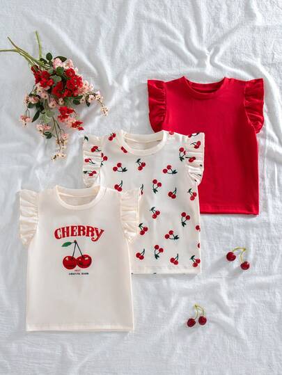 3pcs/Set Girls' Casual Outgoing Fashion Cherry & Letter Print Round Neck Sleeveless Tops, Summer