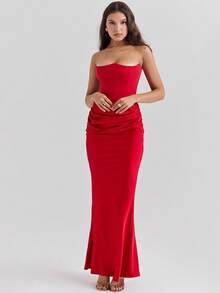Vestido de gala primavera estilo europeo escote bandeja espalda descubierta ajustado elegante y sensual para mujer - Rojo - Ver 1