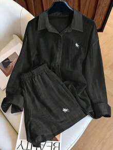 Conjunto de camisa de manga larga a rayas de un solo pecho y pantalones cortos versátiles de estilo vintage casual - Negro - Ver 1