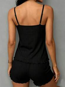 Set Piyama 2 Potong Atasan Camisole dan Celana Pendek Elegan untuk Wanita - Hitam - View 4