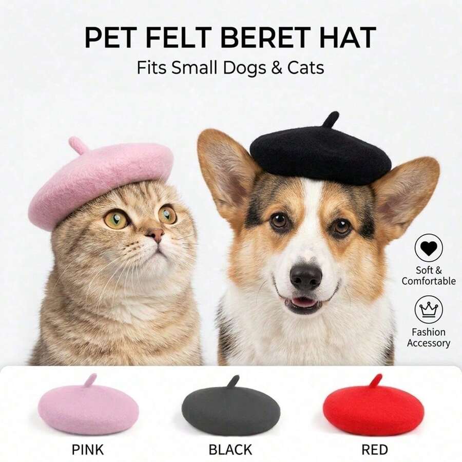 Wang Meow Pet 1件可愛純色寵物貝雷帽,附固定繩防掉落寵物頭飾,時尚裝飾寵物拍照道具,適合貓咪和小狗休閒戶外派對穿搭配件 - 彩色 - 查看 1