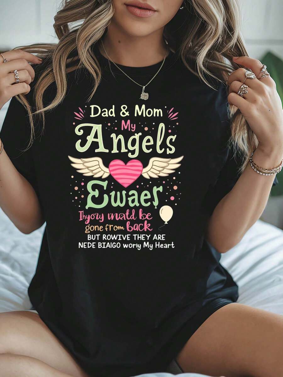 Camiseta con estampado gráfico "Papá y Mamá Mis Ángeles" |   Camiseta casual de manga corta con cuello redondo para mujer, ideal para el tiempo libre diario y como regalo de vacaciones para primavera y verano - Negro - Ver 1