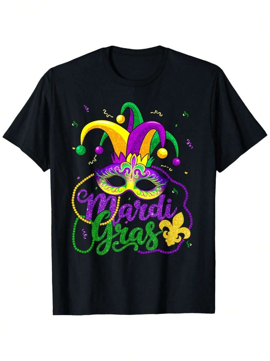 Camisetas para Mardi Gras con diseños para hombres y mujeres, junto con cuentas, máscaras, plumas y sombreros.Esta cómoda camiseta para hombre tiene cuello redondo, es ultra suave, transpirable y absorbe la humedad, lo que la convierte en un elemento esencial y elegante para el verano. - Negro - Ver 1