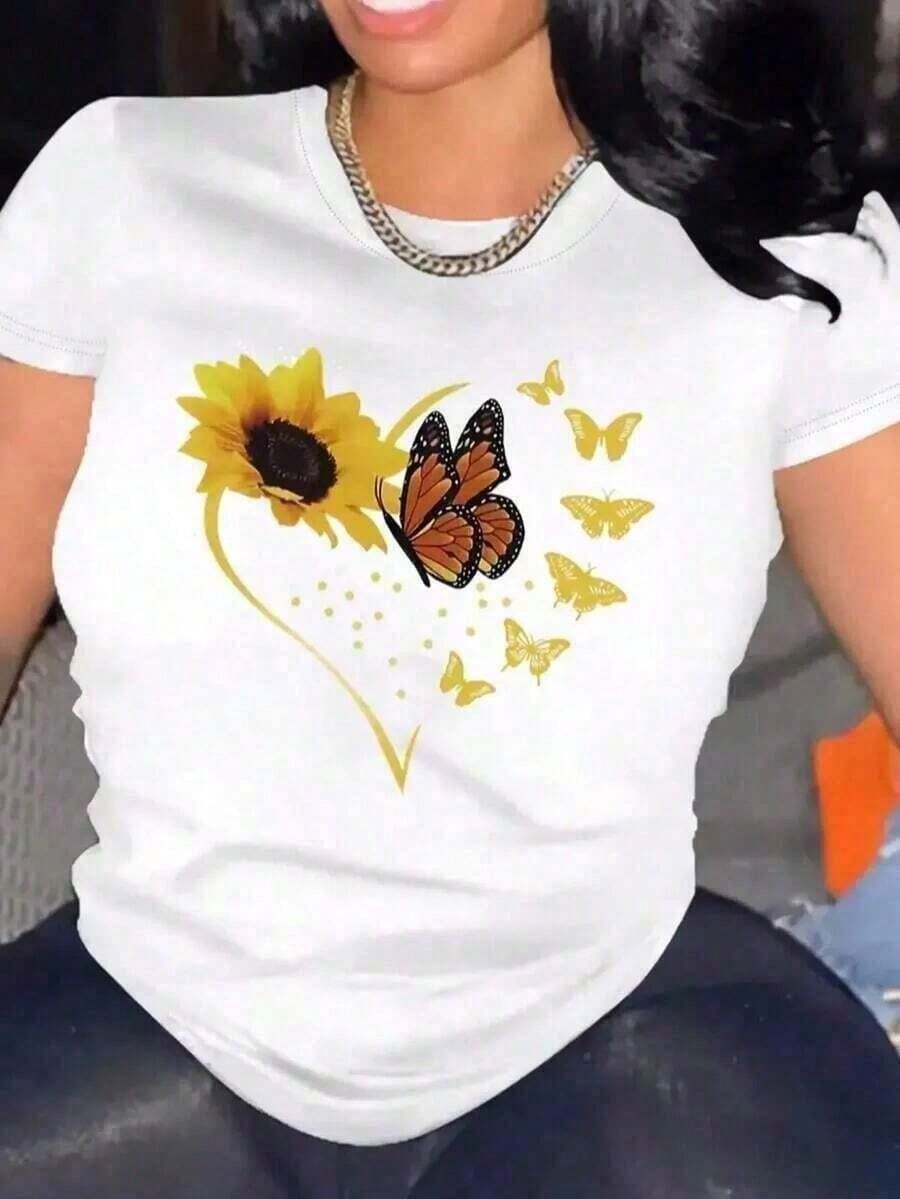 Camiseta de mujer1 Camisa Casual de Mujer con Estampado de Girasol y Mariposa, Negra - Cuello Redondo, Manga Corta para Primavera y Verano, Lavable a Máquina, Atuendo Cómodo para Vacaciones. 1 Camisa Sexy, Casual, Dulce, Elegante para Fiesta, Playa, Noche, Vacaciones, Boda, Verano, con Estampado de Corazones, 180g, 100% Algodón, Todos los Estampados Están Impresos. Unisexo. Cómoda y ligera - Blanco - Ver 1
