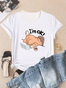 Women's Printed T-Shirt With Fun Orange Cat Design - Casual Short Sleeve Crew Neck T-Shirt In White, Relaxed Fit For All Seasons, Perfect For Everyday Wear And Holiday Outfits (Machine Washable). - White - View 1