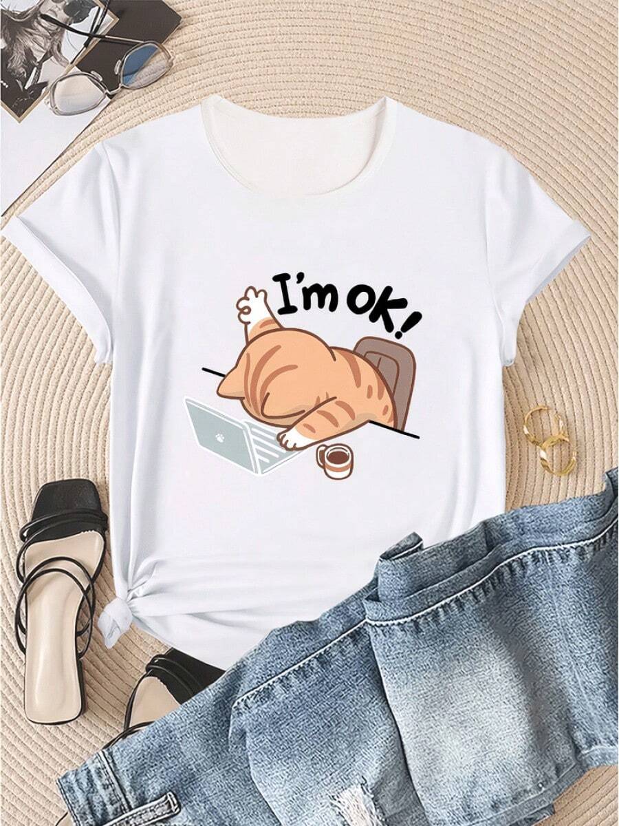 Women's Printed T-Shirt With Fun Orange Cat Design - Casual Short Sleeve Crew Neck T-Shirt In White, Relaxed Fit For All Seasons, Perfect For Everyday Wear And Holiday Outfits (Machine Washable). - White - View 1