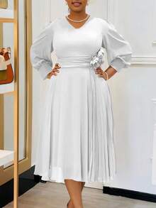 Vestido en corte A de color liso, elegante y con estilo, nueva llegada de primavera para tallas grandes - Blanco - Ver 4