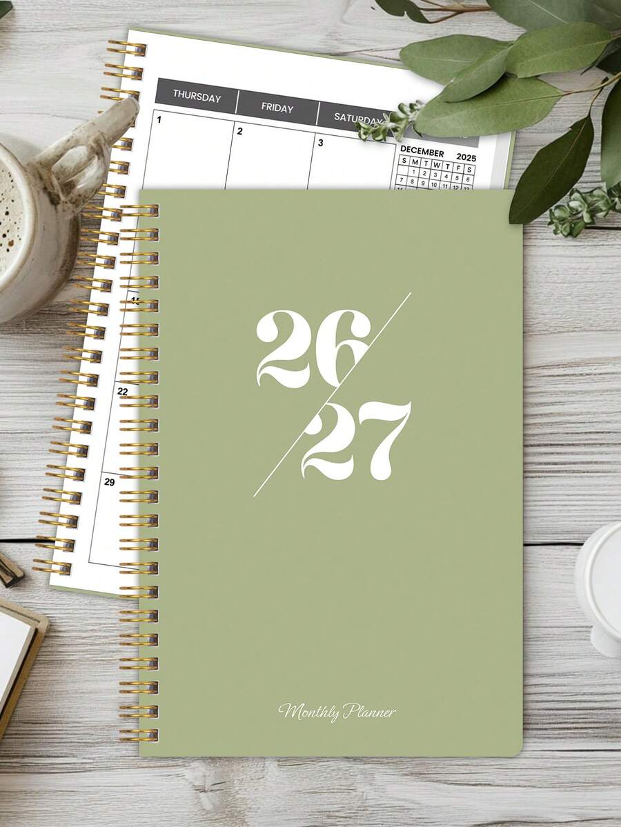2026-2027 Minimalist Style A5 Spiral Bound Monthly Planner, Suitable For Teachers, Students And College Students, Improve Productivity And Daily Planning, Essential Office Desk Supplies - Green - View 1