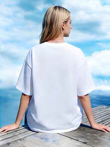 Camiseta Casual con Estampado de Mariposas, Flores y Arcoíris, Cuello Redondo y Manga Corta para Mujer, Top Gráfico de Moda - Blanco - Ver 5