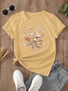 Women's Yellow Oversized Summer T-Shirt With Floral And Mushroom Bouquet Print. Loose-Fitting Round Neck T-Shirt With Wildflower And Mushroom Design, Bohemian Style. - YH424-黃色 - 查看 2