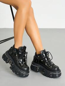 Giày thể thao nữ phong cách Punk đế cao, mũi tròn, gót cao, kiểu rock, buộc dây, giày đường phố, giày cao su thường ngày. - màu đen - Xem 6