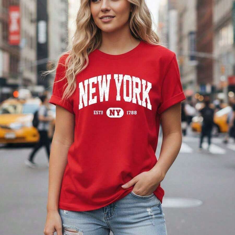 Women's Cotton T-Shirt With "NEW YORK ESTD 1788" Print, Classic Round Neck, Short Sleeve, Casual Style, Loose Fit, Sizes S-5XL, Vintage Letter Print For Everyday Wear, In Black And White. - 紅色 - 查看 1