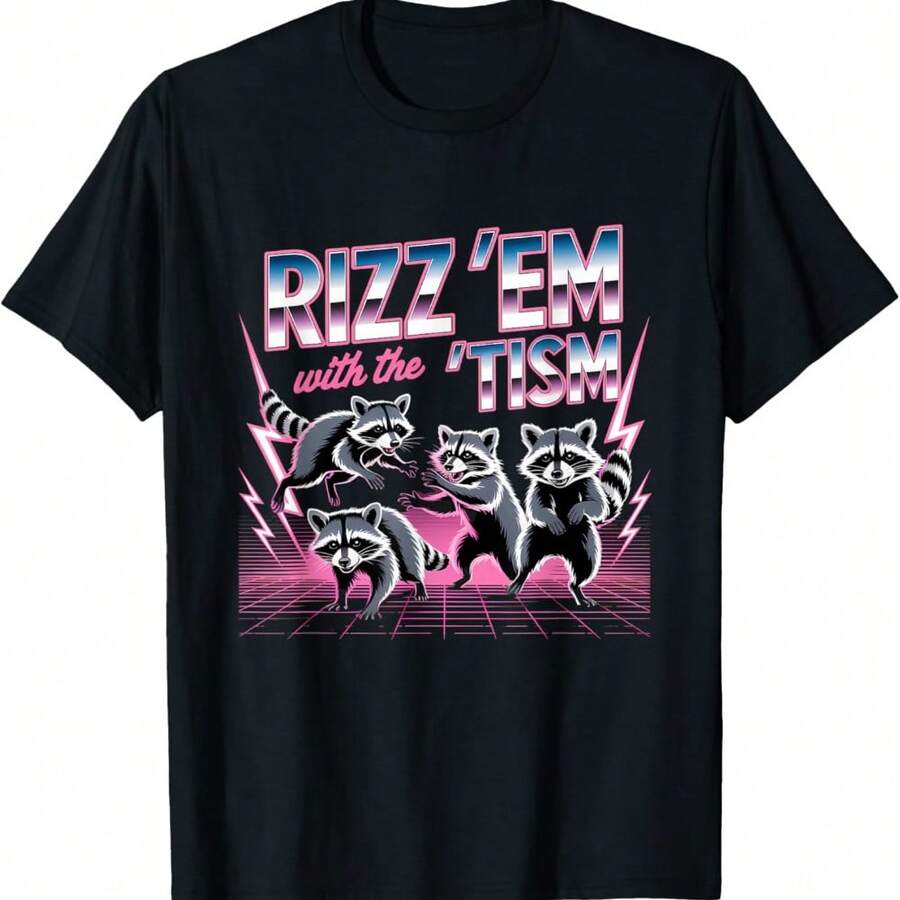 Funny Racoon Autism Awareness Meme "Rizz Em With The Tism" T-Shirt - Black - View 1