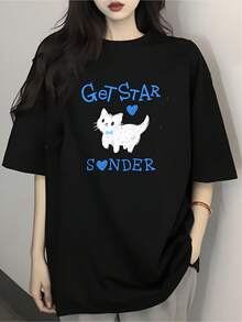 Funny White Cat T-Shirt, Urban Style, Unique, Modern, Comfortable, Casual, Youthful Personality, Everyday Activities, Available In Black, Sizes S, M, L, Women's Fashion 2023 - 黑色 - 查看 1
