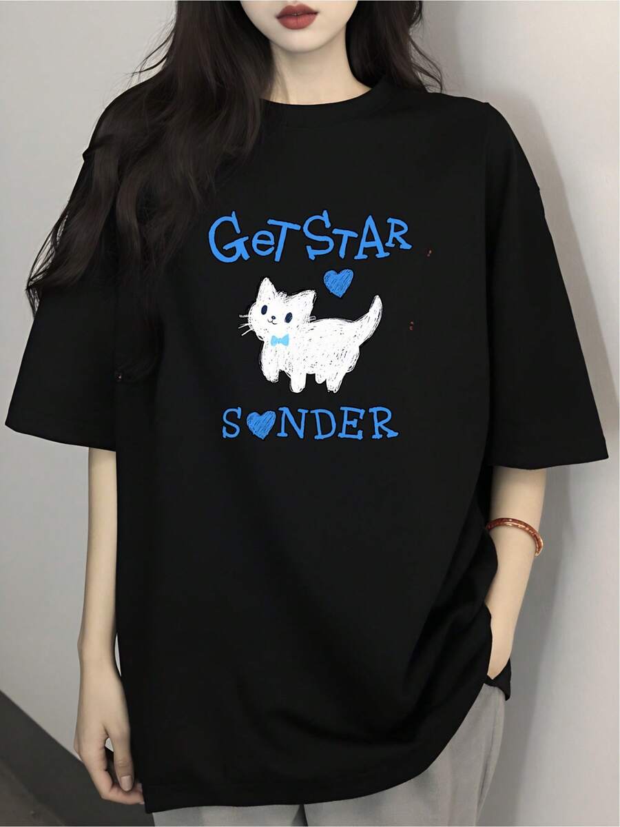 Funny White Cat T-Shirt, Urban Style, Unique, Modern, Comfortable, Casual, Youthful Personality, Everyday Activities, Available In Black, Sizes S, M, L, Women's Fashion 2023 - 黑色 - 查看 1