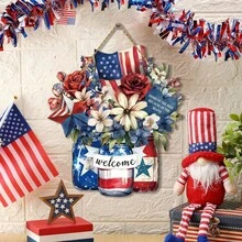1pc July 4th Door Hanger Memorial Day Wooden Hanging Sign Red White And Blue American Wood Plaque For Home Wall Window 250th Anniversary Decor - Multicolor - View 2