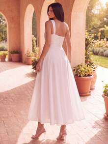 Faeriesty Đầm maxi trắng không tay thanh lịch dành cho nữ, chất liệu chiffon, dáng chữ A xếp ly, thướt tha, thích hợp cho đám cưới, tiệc tối, đi biển, mùa xuân. - trắng - Xem 2