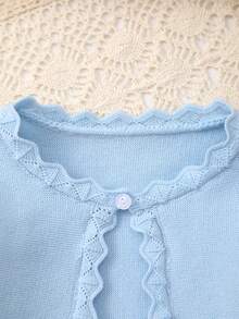 Baby Girls' Elegant Sweet Solid Color Knitted Shawl, Lace Design For More Tenderness, Suitable For Daily Wear, Outings Or Eid Al-Adha Gift - Baby Blue - View 2