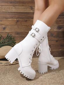 Women's Height-Increasing Wear-Resistant Rivet Double-Row Button Side Zipper Round Toe Mid-Calf Chunky Heel Thick Sole Boots Cool Style Autumn/Winter Daily White Microfiber Plus Size Boots - White - View 3