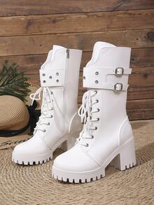 Women's Height-Increasing Wear-Resistant Rivet Double-Row Button Side Zipper Round Toe Mid-Calf Chunky Heel Thick Sole Boots Cool Style Autumn/Winter Daily White Microfiber Plus Size Boots - White - View 6