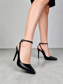 Women's Luxury Open-Toe Slingback Pump With Buckle, Autumn/Winter Style, 11cm High Heel - 黑納帕 - 查看 3
