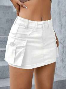 Minifalda de tela vaquera de tiro bajo, de moda para el verano - Blanco - Ver 6