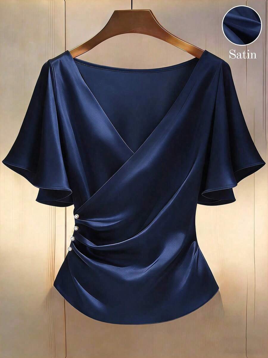 Blusa de satén elegante, blusa de manga corta, blusa de cuello en V, blusa de uso diario - Azul marino - Ver 1