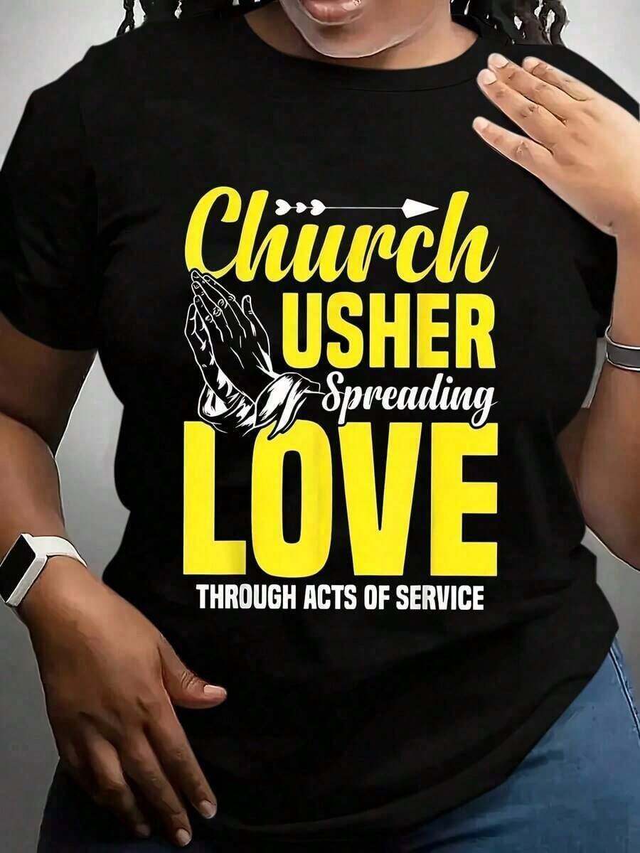 1 camiseta de asistente de iglesia con manos en oración y flecha, con texto: Asistente de iglesia difundiendo el amor a través de actos de servicio, evento de ministerio de iglesia, 180g, 100% algodón. - Negro - Ver 1