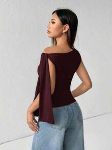 Top de hombro asimétrico con tirantes de atar de unicolor para mujer - Marrón Mocha - Ver 2