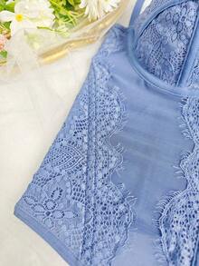 1 pieza Parte superior corta ajustada con adorno de encaje para mujer, top corset ajustado y sexy, adecuado para fiesta, viaje, reunión, Navidad, San Valentín, verano casual negro - Azul - Ver 8