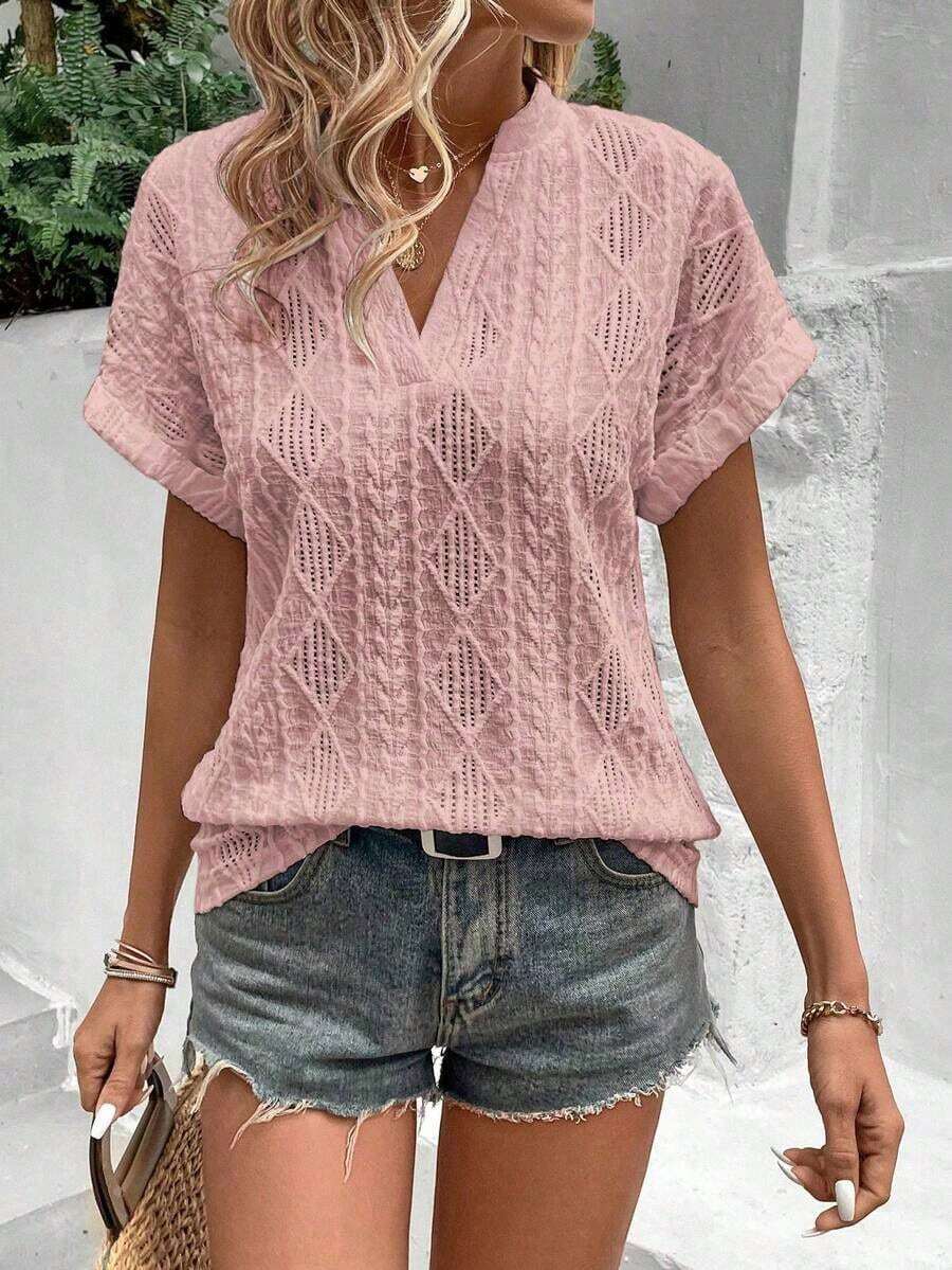 Camiseta suelta de mujer de manga de murciélago con escote en pico, de tela texturizada de unicolor, para verano y vacaciones - Rosa - Ver 1