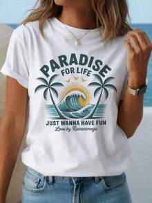 Camiseta de tela de punto blanco Casual para mujeres con playlife Graphic Print Short Drop Shoulder Sleeve Round Neck Top EOLW - Blanco - Ver 3