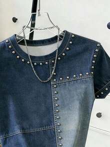 Nuevo estilo de gran , camiseta de mujer de manga corta con rayas decoradas con strass de estilo retro americano, adecuada para ir a la escuela, de compras y salir con amigas por la calle, y versátil en primavera y verano - Multicolor 7 - Ver 3