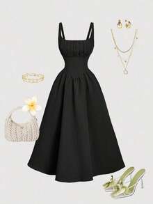 Vestido elegante de longitud media sin mangas con diseño de cintura plisada y unicolor para mujer - Negro - Ver 5