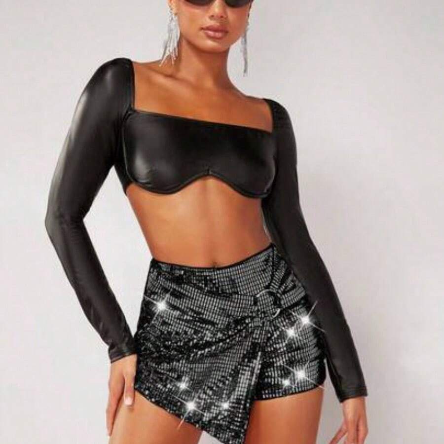 Metallic O-Ring Wrap Hem Mini Skort - Negro - Ver 1