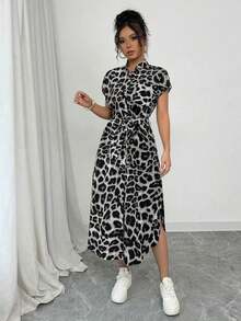 Vestido largo de manga corta para verano 2025, nuevo, con bolsillo, abertura lateral, cinturón y lazo, estampado de leopardo, para uso casual y de viaje - Gris - Ver 7