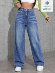 Unity Jeans de mezclilla de pierna ancha recta de diseño simple con cintura alta para mujeres a la moda - Azul lavado oscuro 4 - Ver 5