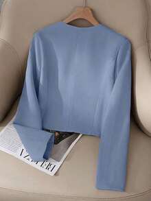Chaqueta minimalista de mujer de unicolor con botones delanteros y mangas largas, elegante y casual, ligera para primavera y otoño, color negro - azul claro - Ver 3