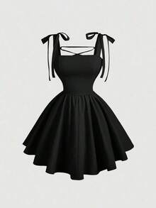 Vestido rosa romántico con espalda descubierta y lazo, adecuado para citas, fiestas, vacaciones, meriendas de té y ocasiones de cumpleaños - Negro 2 - Ver 1