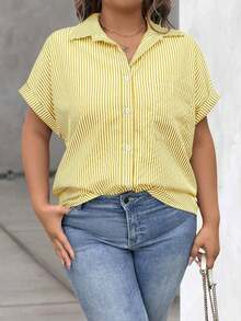Vionelle Blusa casual de talla grande para mujer con estampado de rayas azul y blanco, de manga corta y abotonada, para el verano - Amarillo - Ver 4